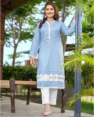 Flickere Outfit East End Wear Light Blue Cotton Two Piece Kurti with White Embroidered Border – Casual Women’s Kurti Set