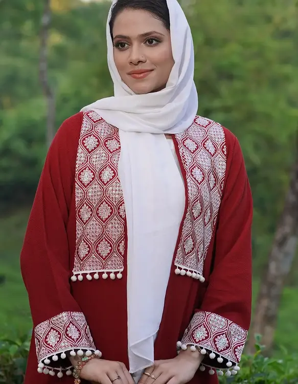 Dark Red Embroidered Pom-Pom Long Shrug(LES-1923)