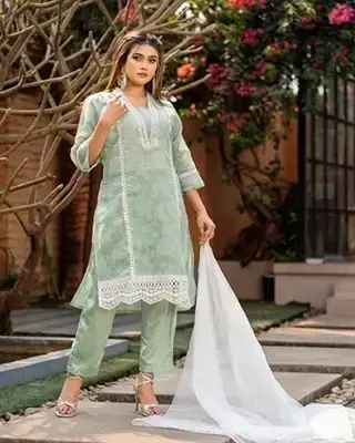 Mint Green Jamdani Water Print 3 Piece Set with Sequins & Lace – Dubai Silk Pant, Cota Dupatta – Flickere Outfit