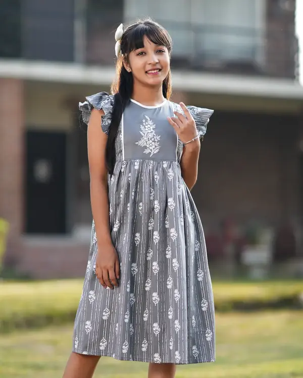 Baby Girls' Charcoal Grey Frock with White Floral Embroidery - EEW-FC-2003A