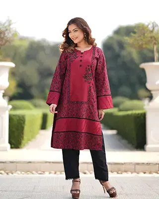 Dark Red Floral Printed Kurti Set-EEW-FC–2001B