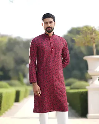 Dark Red Floral Cotton Panjabi for Men –  EEW-FC–2001B