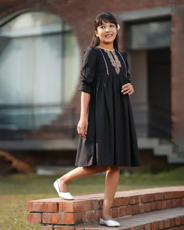 Baby Girls' Black Jacquard Frock with Golden Floral Embroidery - EEW-FC- 2004B