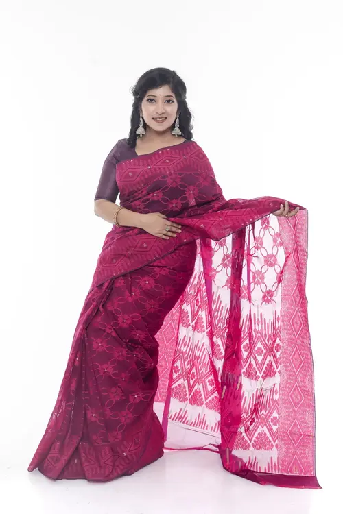Classy Maroon color  with Floral Patterned Half-Silk Saree