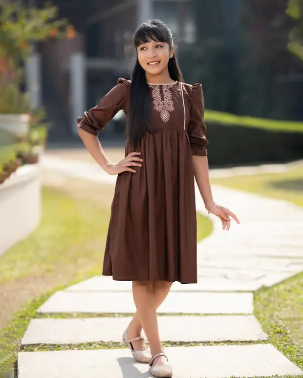 Designer Coffee Brown Frock for Baby Girls with Floral Embroidery - EEW-FC- 2004A