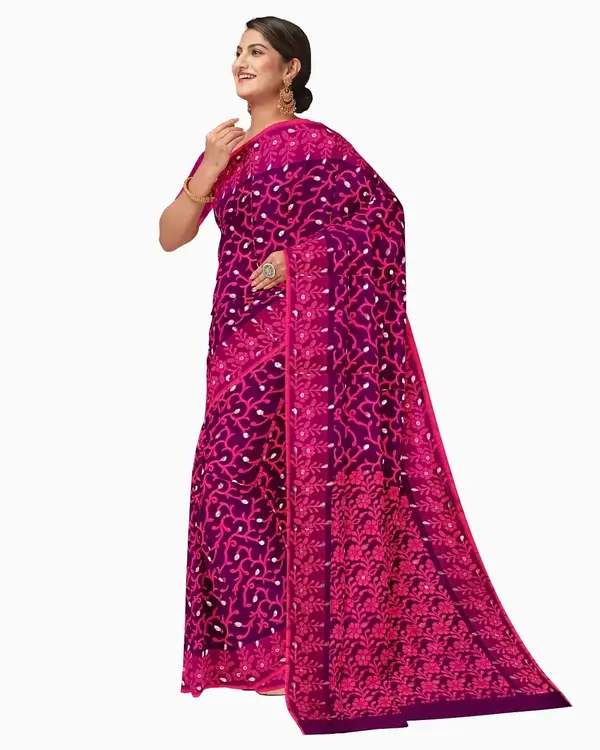 Flickere Outfit Royal Plum & Fuchsia Half-Silk Saree with Intricate Leaf & Floral Embroidery