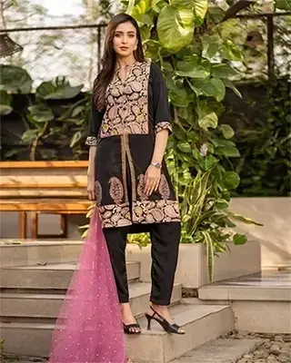 Black Platinum Silk 3-Piece Salwar Kameez with Afsan Print, Sequins & Karchupi Embroidery