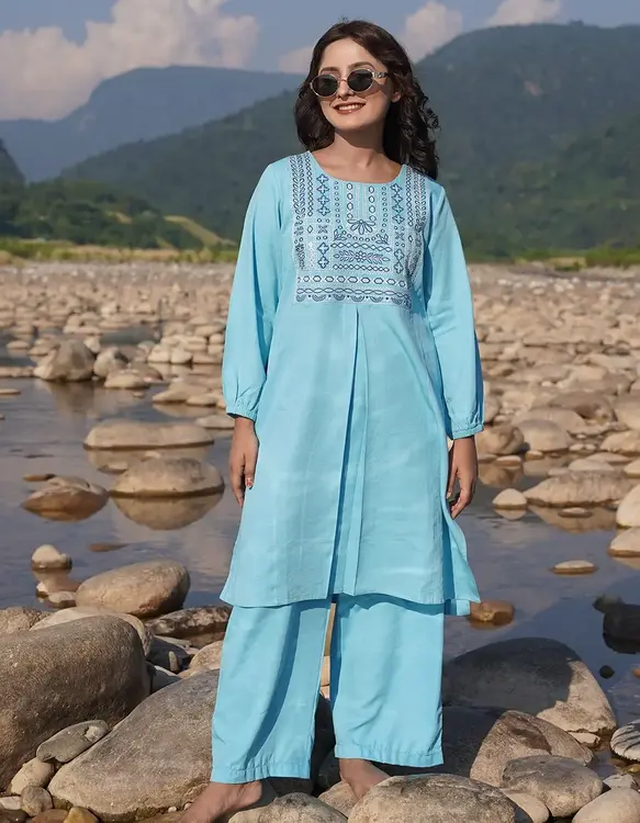 Deep Teal Side-Button Floral Embroidered Co-ord Set (LES-1918)