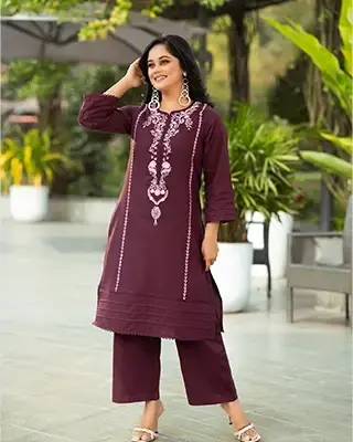 Elegant Couple Set: Women's Embroidered Kurti with Palazzo  - Maroon Edition