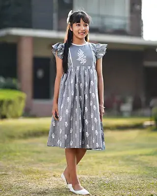 Baby Girls' Charcoal Grey Frock with White Floral Embroidery - EEW-FC-2003A