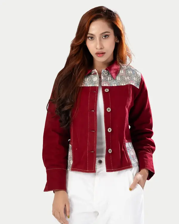 Maroon Jacket with Ethnic Print Panels- LWJ-715