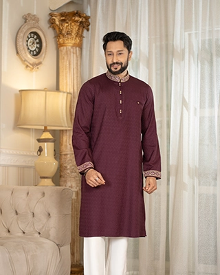 Exclusive Plum Textured Panjabi with Embroidered Collar