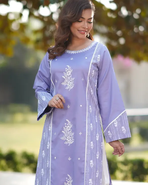 Girls' Lavender Blue Kurti with Floral Embroidery and Stripe Detail - EEW-FC-2003B