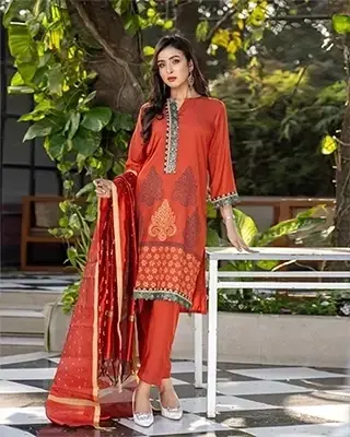 Dark Orange Platinum Silk 3-Piece Salwar Kameez Set with Afsan Printed Design & Embroidered Dupatta