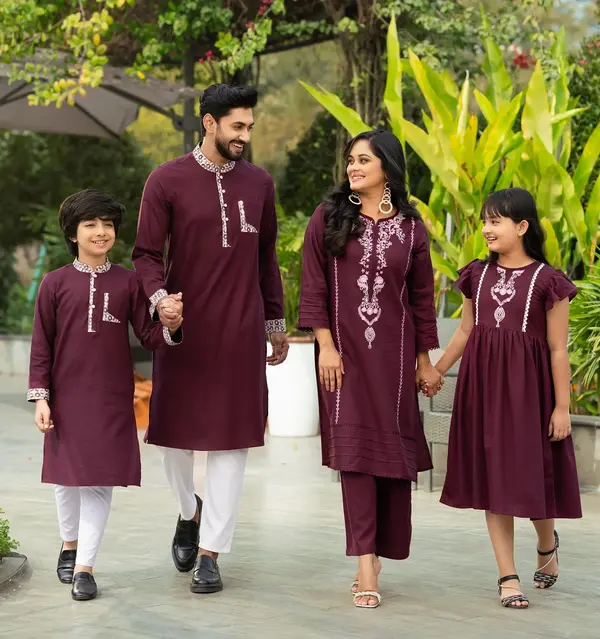 Elegant Couple Set: Women's Embroidered Kurti with Palazzo  - Maroon Edition