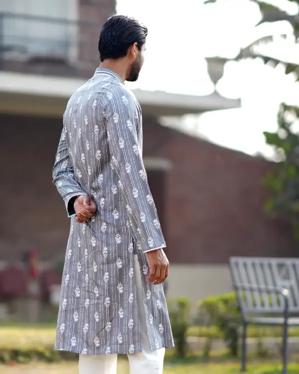 Men's Charcoal Grey Panjabi with White Floral and Stripe Print - EEW-FC-2003A