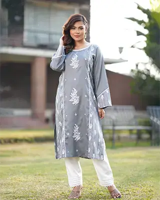 Charcoal Grey Floral Embroidered Ethnic Kurti for Girls - EEW-FC-2003A