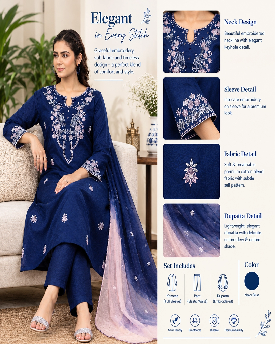 Alizeh Navy Blue Cinon Embroidered Three Piece Suit Set