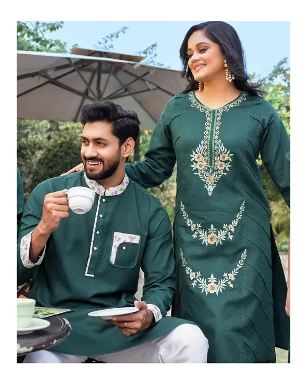 Elegant Couple Set: Cotton Tencel Embroidered Panjabi & Salwar Kameez
