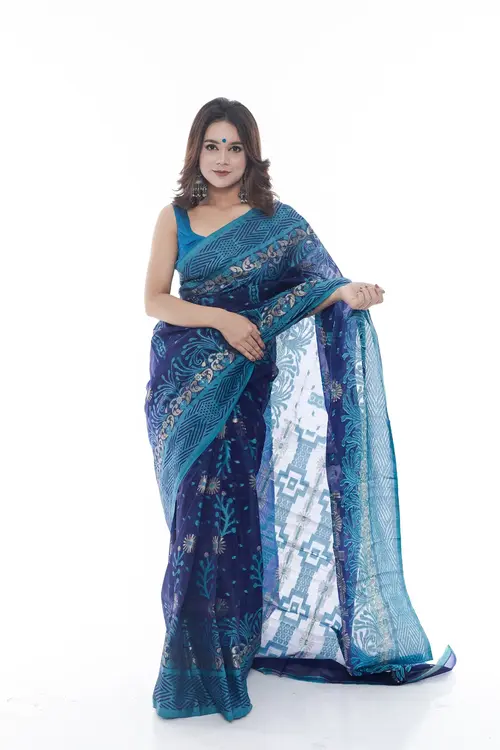 Dark blue tree border half silk saree