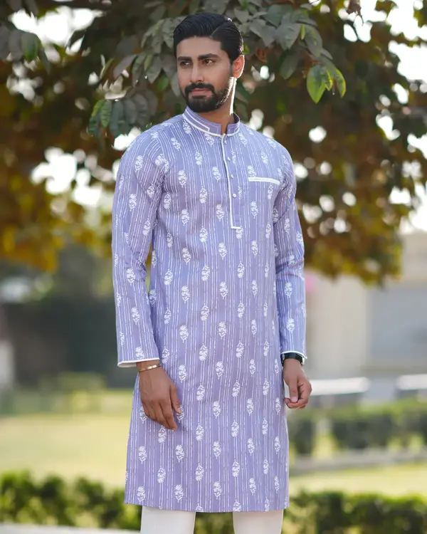 Men's Lavender Blue Panjabi with White Floral and Stripe Print-EEW-FC-2003B
