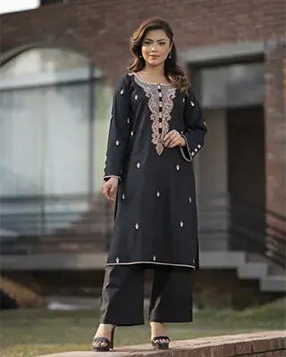 Girls' Black Jacquard Kurti with Elegant Gold Embroidery - EEW-FC- 2004B