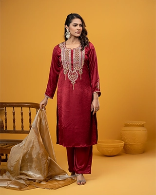 Anayat Deep Maroon Embroidered Arabian Three Piece Set