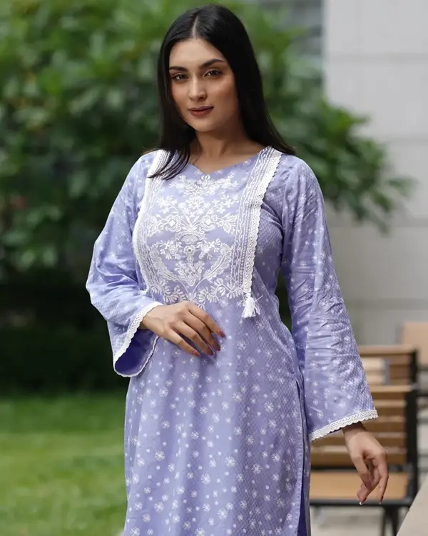 Blue Lavender Cotton Two-Piece Kurti Set