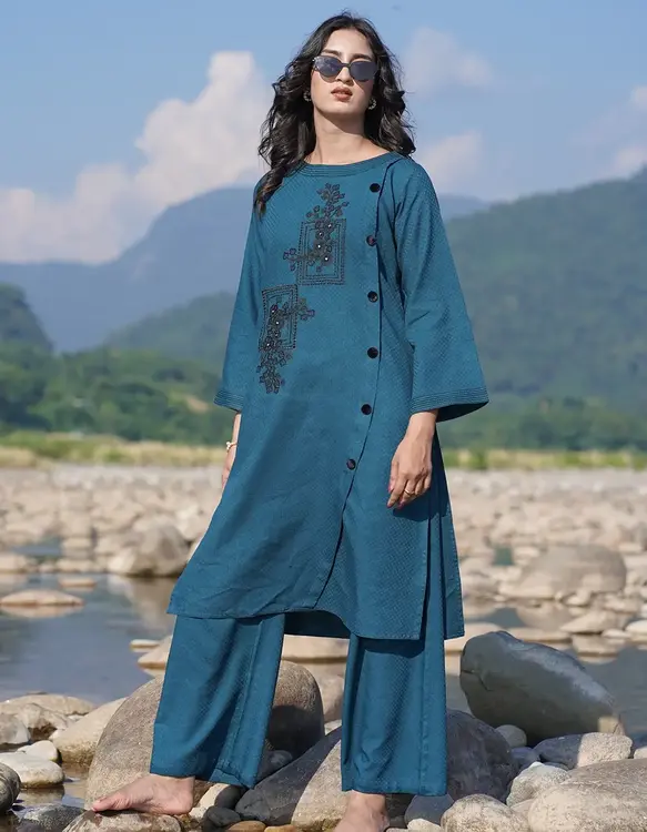 Embroidered Cotton Light Denim Co-ords Set (LES-1914B)