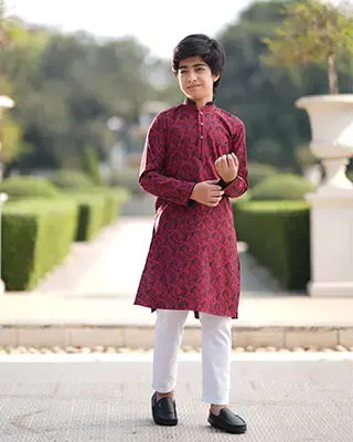 Kids' Deep Red Festive Baby Boy Panjabi with Black Ethnic Prints – EEW-FC–2001B