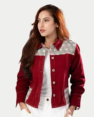 Maroon Jacket with Ethnic Print Panels- LWJ-715