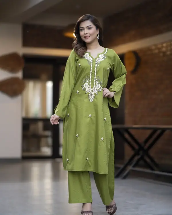 Festive Olive Green Two-Piece Kurti Set - EEW-FC- 2005