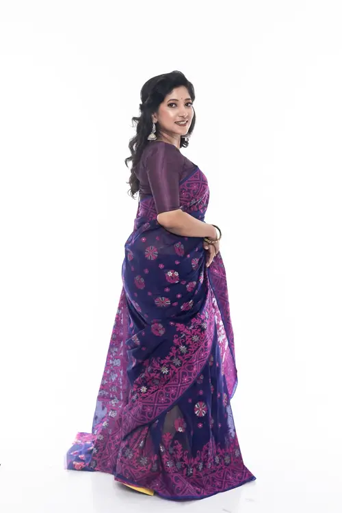 Flickere Outfit Half-Silk Saree in Navy Blue with Pink Floral Embroidery