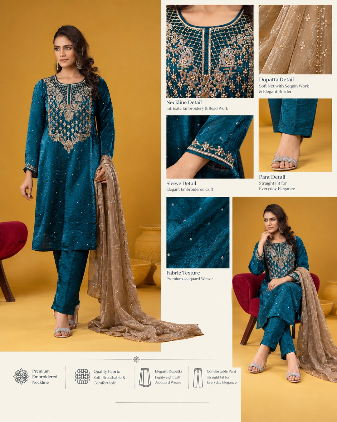 Inayat Deep Teal Embroidered Fandi Silk Three Piece Set
