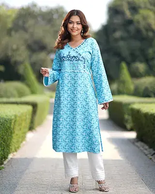 Floral Print Kurti Set with Intricate Embroidery - EEW-FC–2002A