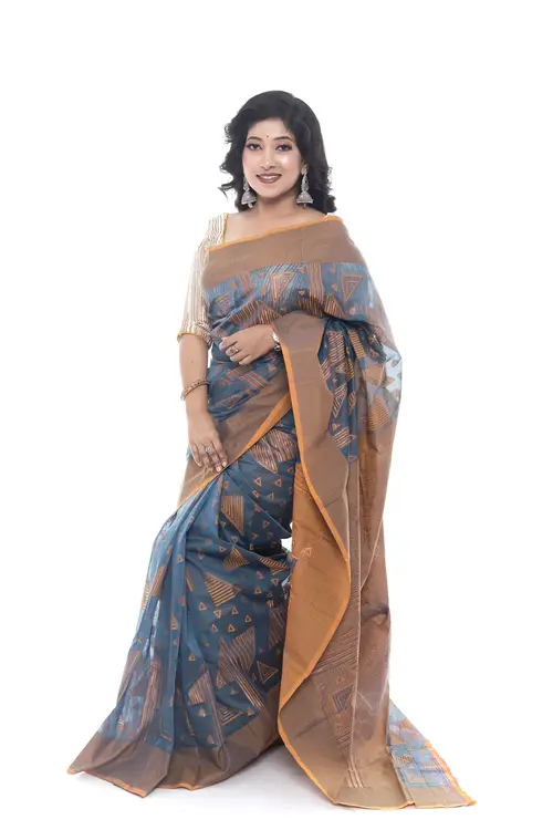Dark Grey Blue Half Silk Saree