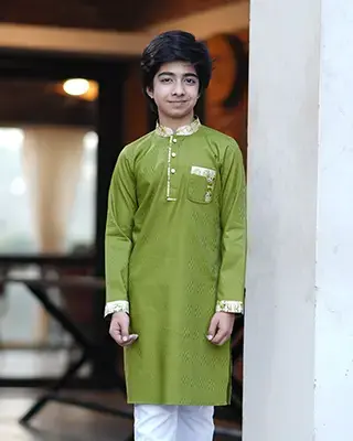 Baby Boys' Deep Olive Green Boy Panjabi with Printed Collar & Cuffs - EEW-FC- 2005