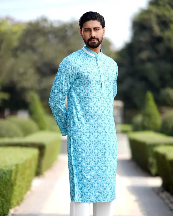 Men's Sky Blue Ethnic Panjabi with White Piping Detail - EEW-FC-202A