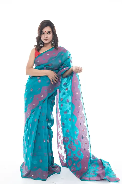 Graceful Teal Half Silk Saree with Elegant Floral Pattern