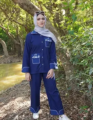 Navy Blue Contrast Stitch Floral Pocket Co-ord Set (LES-1919)