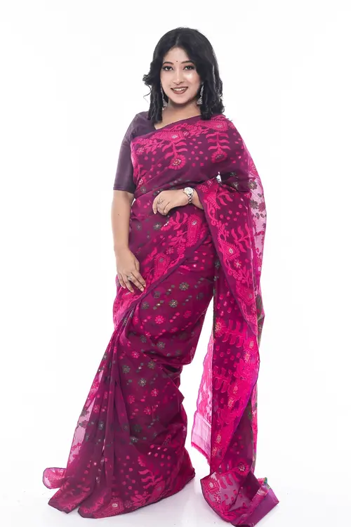 Deep Purple and Magnificent Magenta  Half-Silk Saree with Floral Patterns