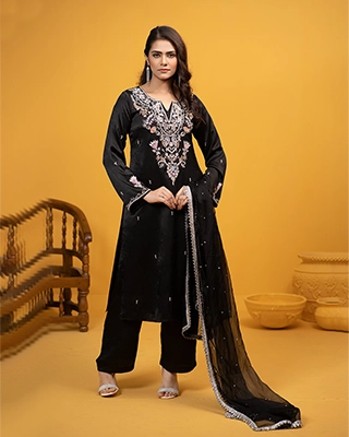 Inayat Jet Black Embroidered Arabian Silk Three Piece Set