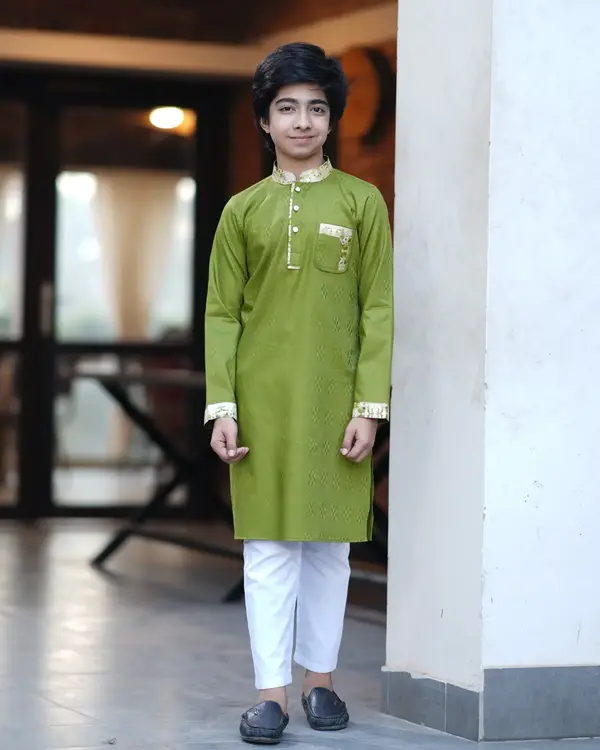 Baby Boys' Deep Olive Green Boy Panjabi with Printed Collar & Cuffs - EEW-FC- 2005