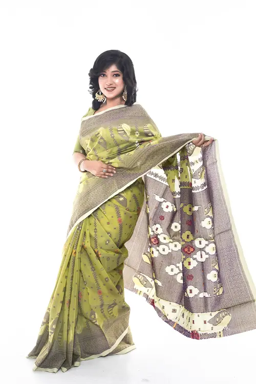 Olive Green and Beige Color Traditional  Half-Silk Saree