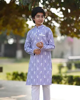 Baby Boys' Lavender Blue Printed Panjabi with White Piping -EEW-FC-2003B