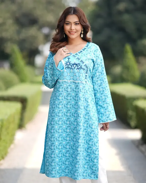 Floral Print Kurti Set with Intricate Embroidery - EEW-FC–2002A