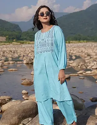 Deep Teal Side-Button Floral Embroidered Co-ord Set (LES-1918)