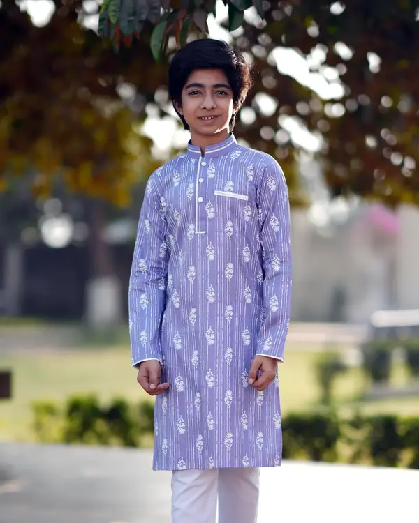 Baby Boys' Lavender Blue Printed Panjabi with White Piping -EEW-FC-2003B