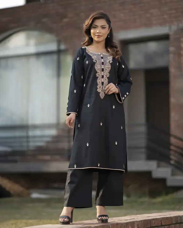 Girls' Black Jacquard Kurti with Elegant Gold Embroidery - EEW-FC- 2004B