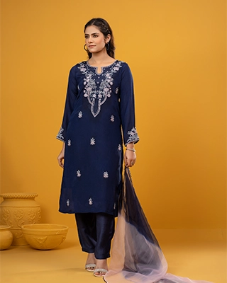 Alizeh Navy Blue Cinon Embroidered Three Piece Suit Set